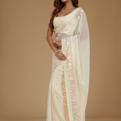 Cream Sequins Georgette Saree