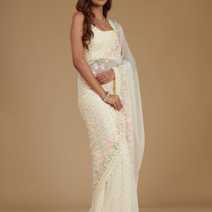 Cream Sequins Georgette Saree