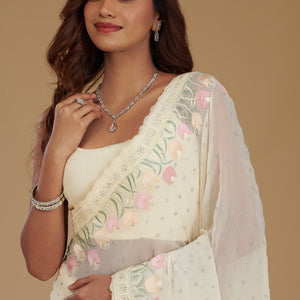 Cream Sequins Georgette Saree