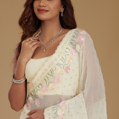 Cream Sequins Georgette Saree