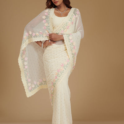 Cream Sequins Georgette Saree