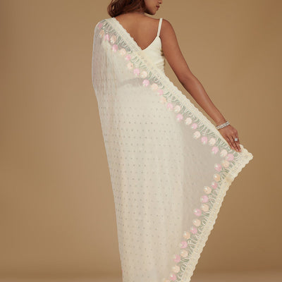 Cream Sequins Georgette Saree