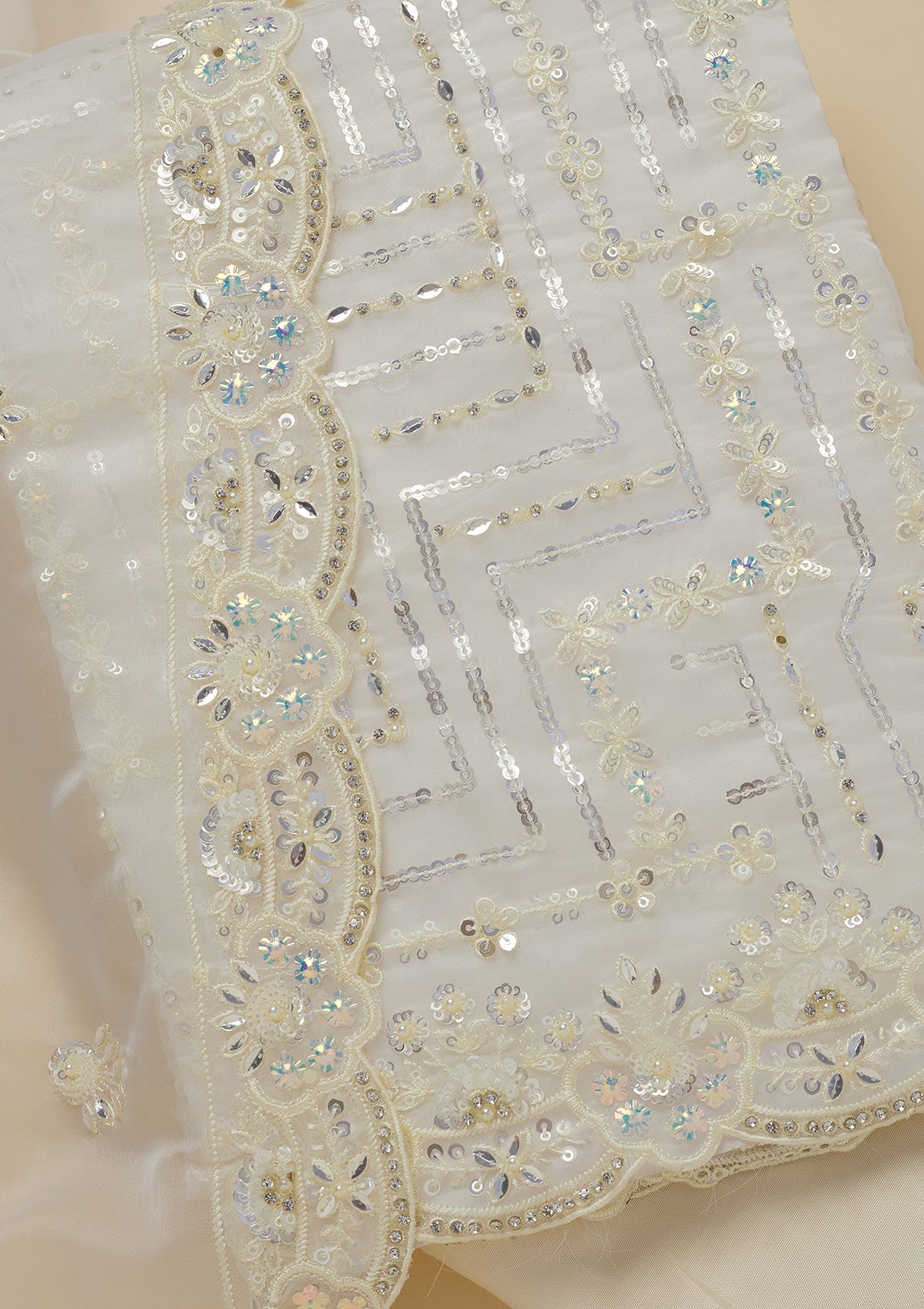 Cream Sequins Organza Unstitched Salwar Suit