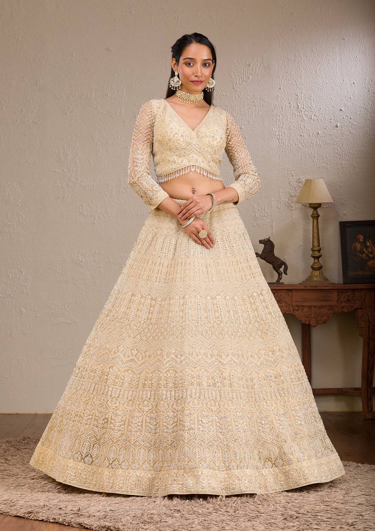 Cream Silver Stonework Net Readymade Lehenga