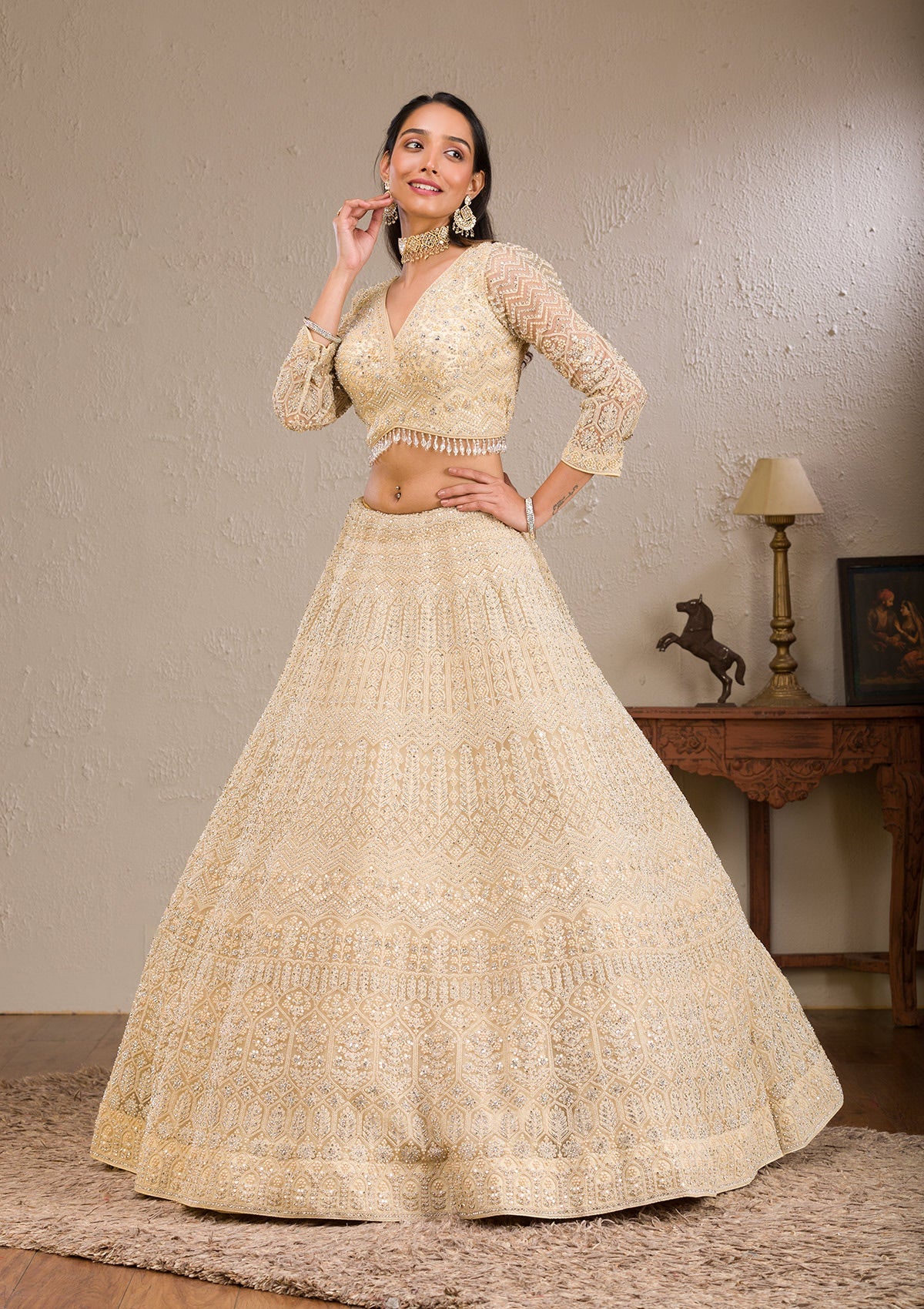 Cream Silver Stonework Net Readymade Lehenga
