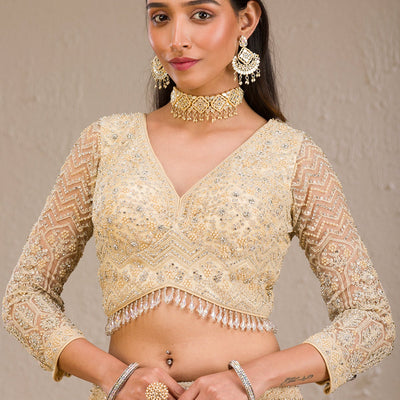 Cream Silver Stonework Net Readymade Lehenga