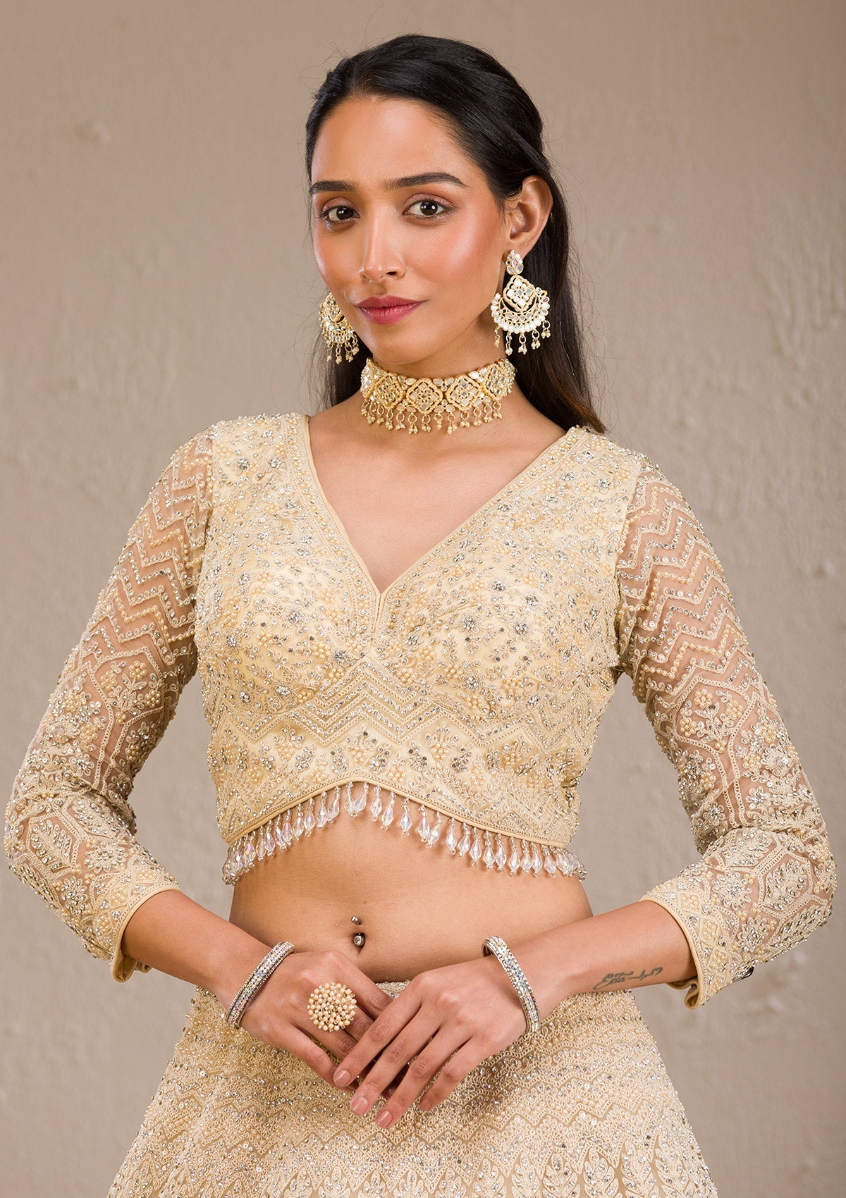 Cream Silver Stonework Net Readymade Lehenga
