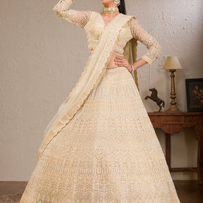 Cream Silver Stonework Net Readymade Lehenga