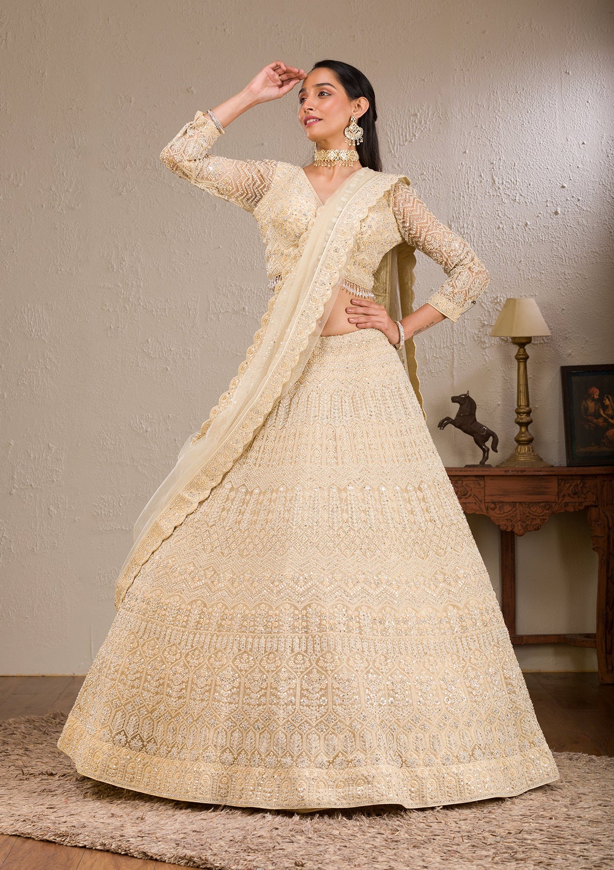 Cream Silver Stonework Net Readymade Lehenga
