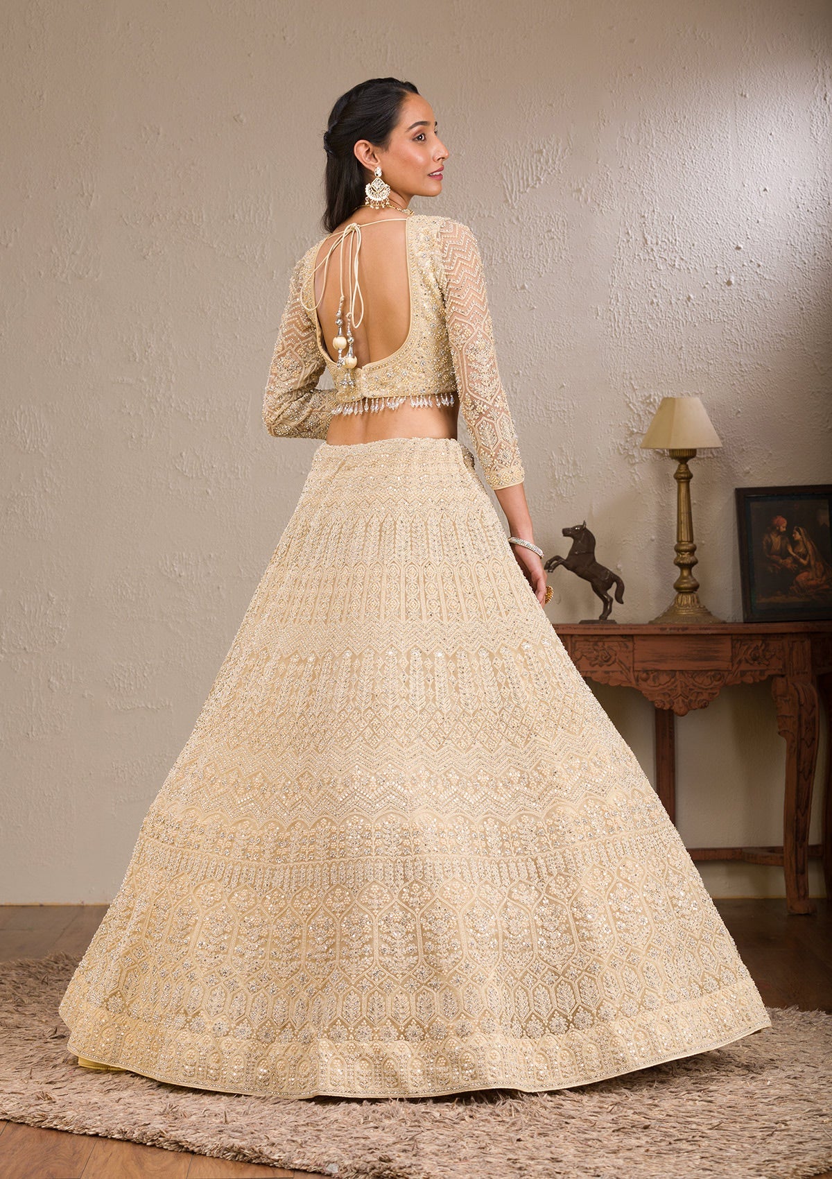 Cream Silver Stonework Net Readymade Lehenga