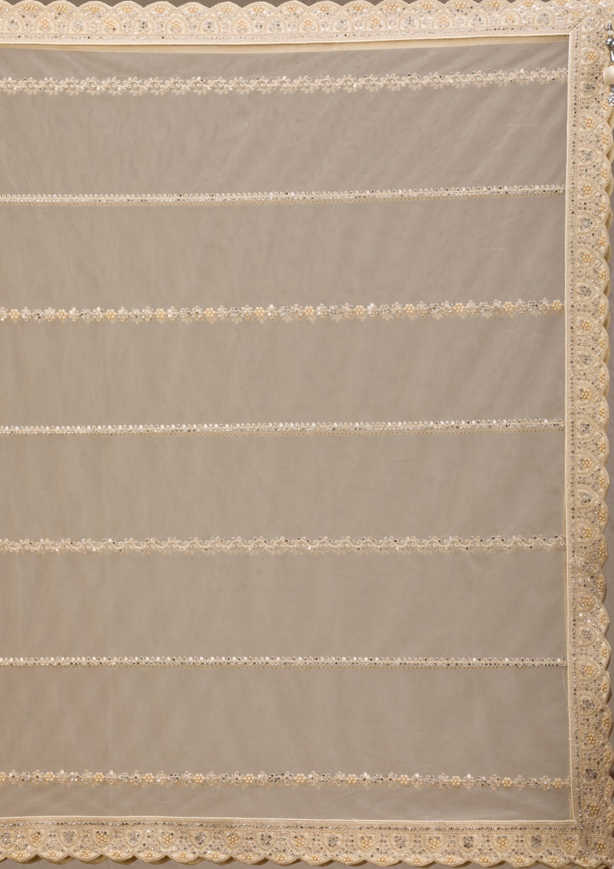 Cream Silver Stonework Net Readymade Lehenga