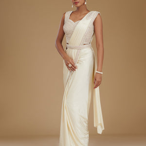 Cream Stonework Satin Readymade Saree
