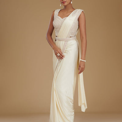 Cream Stonework Satin Readymade Saree