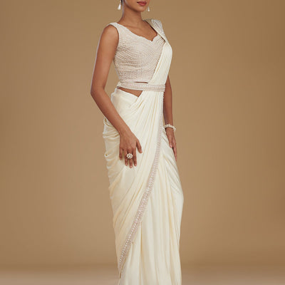Cream Stonework Satin Readymade Saree