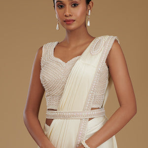 Cream Stonework Satin Readymade Saree