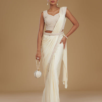 Cream Stonework Satin Readymade Saree