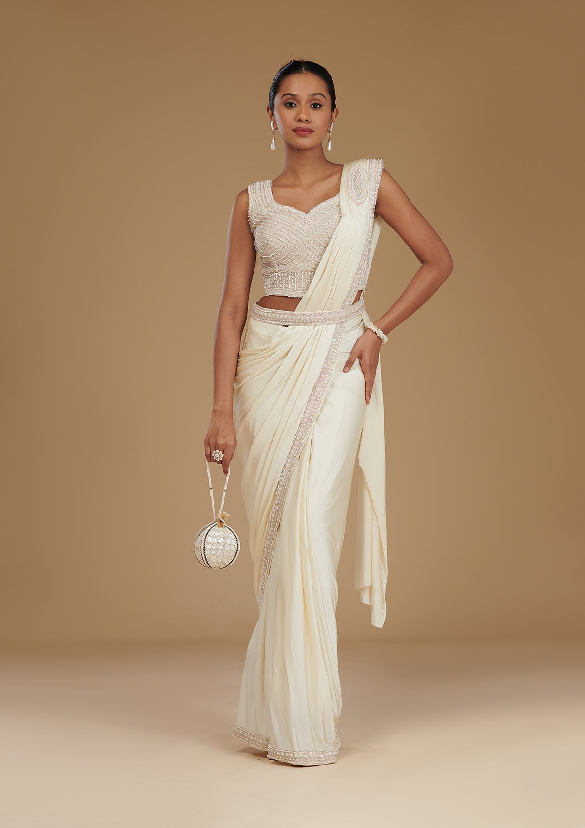 Cream Stonework Satin Readymade Saree