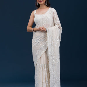 Cream Threadwork Chiffon Saree