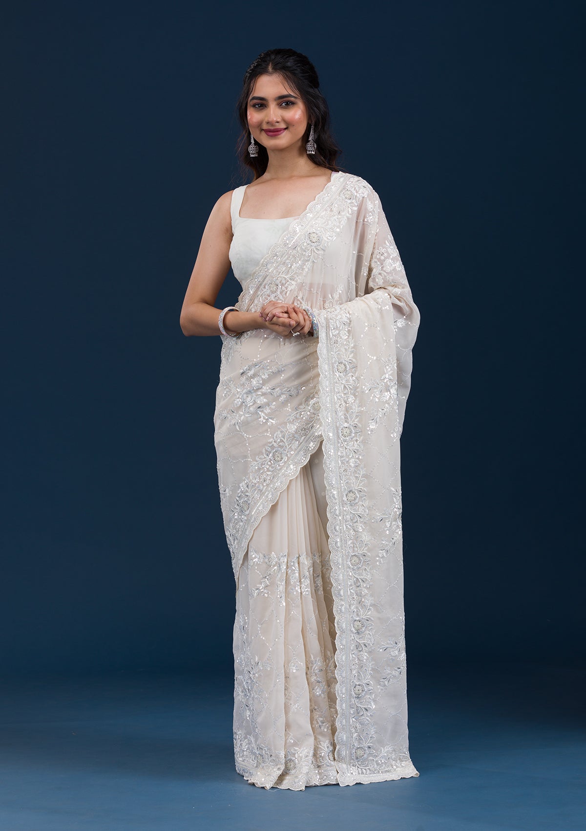 Cream Threadwork Chiffon Saree