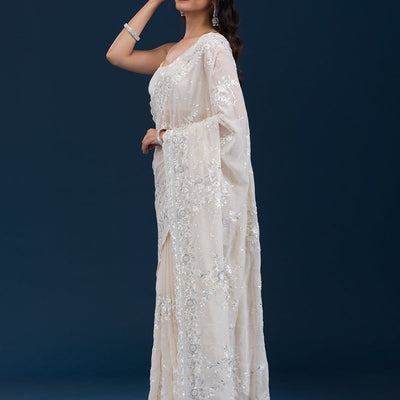 Cream Threadwork Chiffon Saree