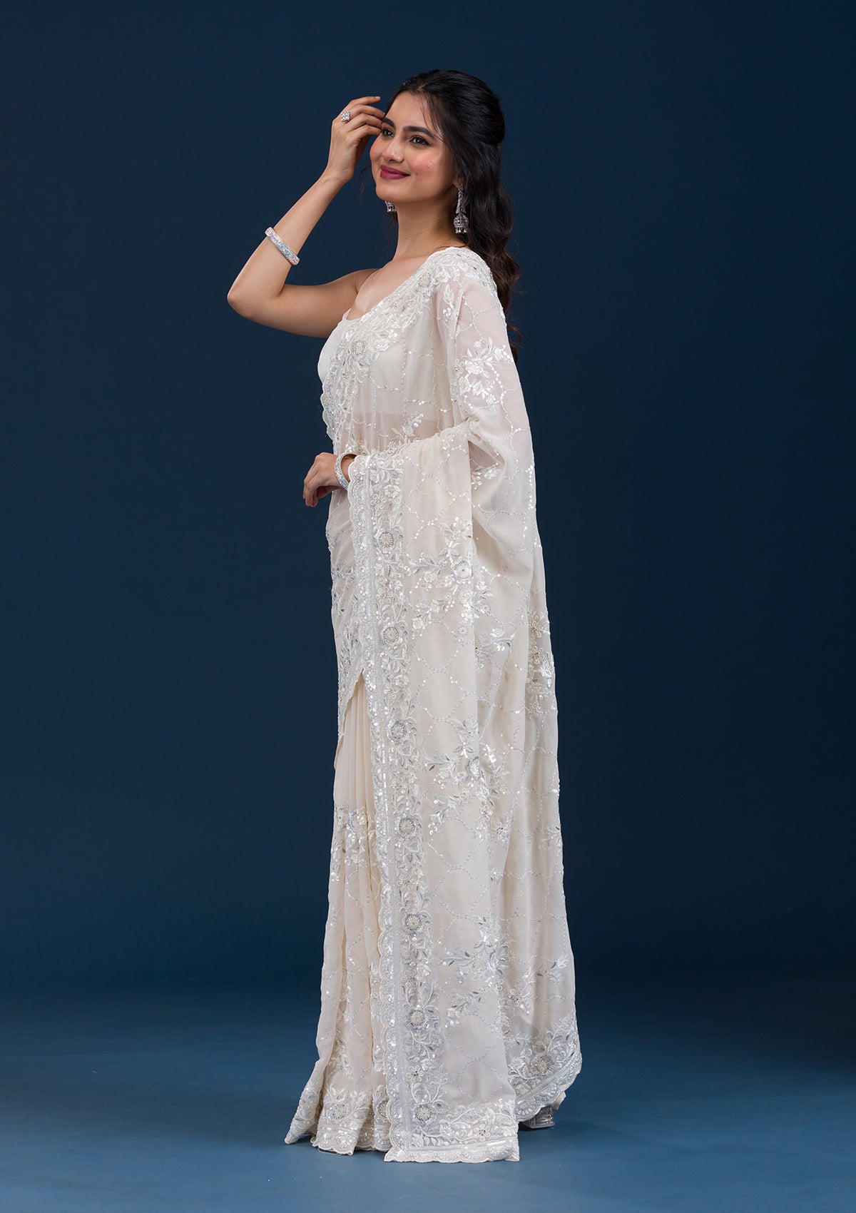 Cream Threadwork Chiffon Saree