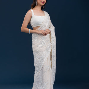 Cream Threadwork Chiffon Saree