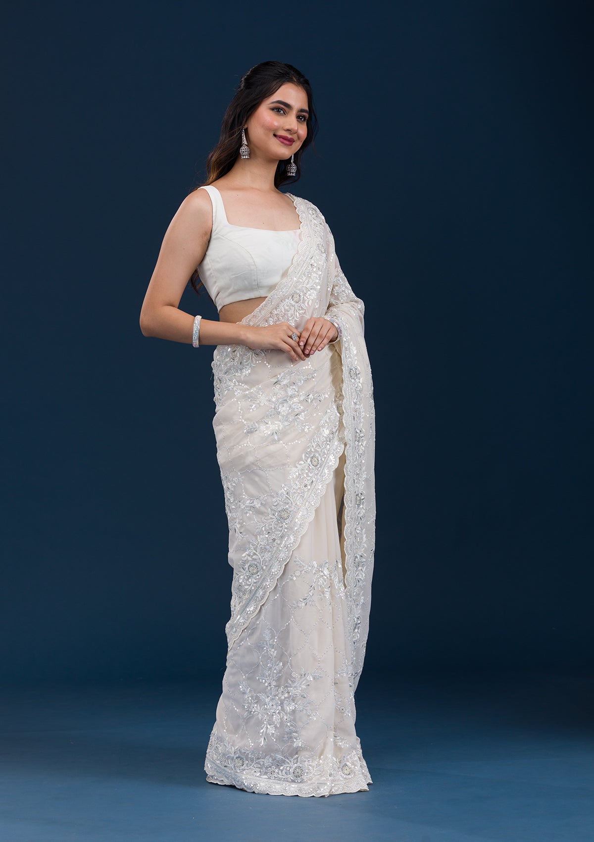 Cream Threadwork Chiffon Saree