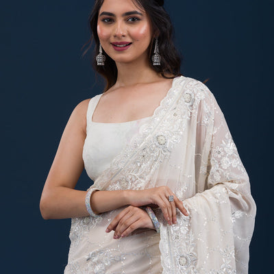 Cream Threadwork Chiffon Saree
