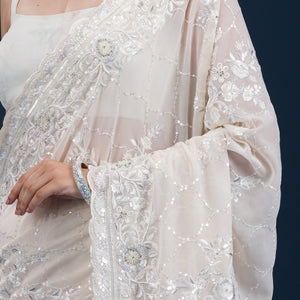 Cream Threadwork Chiffon Saree