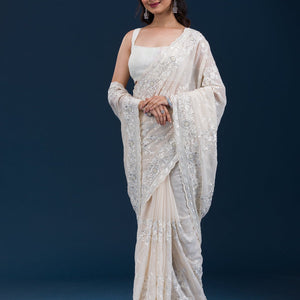 Cream Threadwork Chiffon Saree
