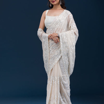 Cream Threadwork Chiffon Saree