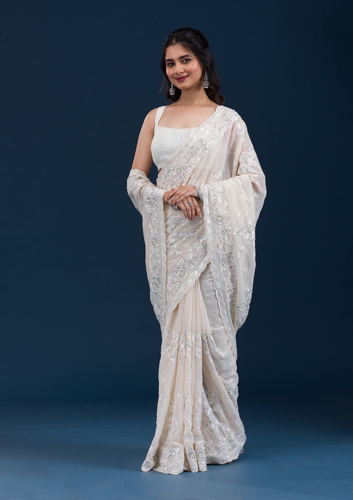 Cream Threadwork Chiffon Saree