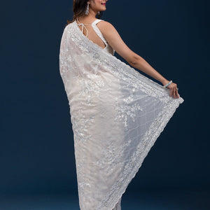 Cream Threadwork Chiffon Saree
