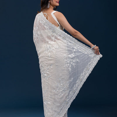 Cream Threadwork Chiffon Saree