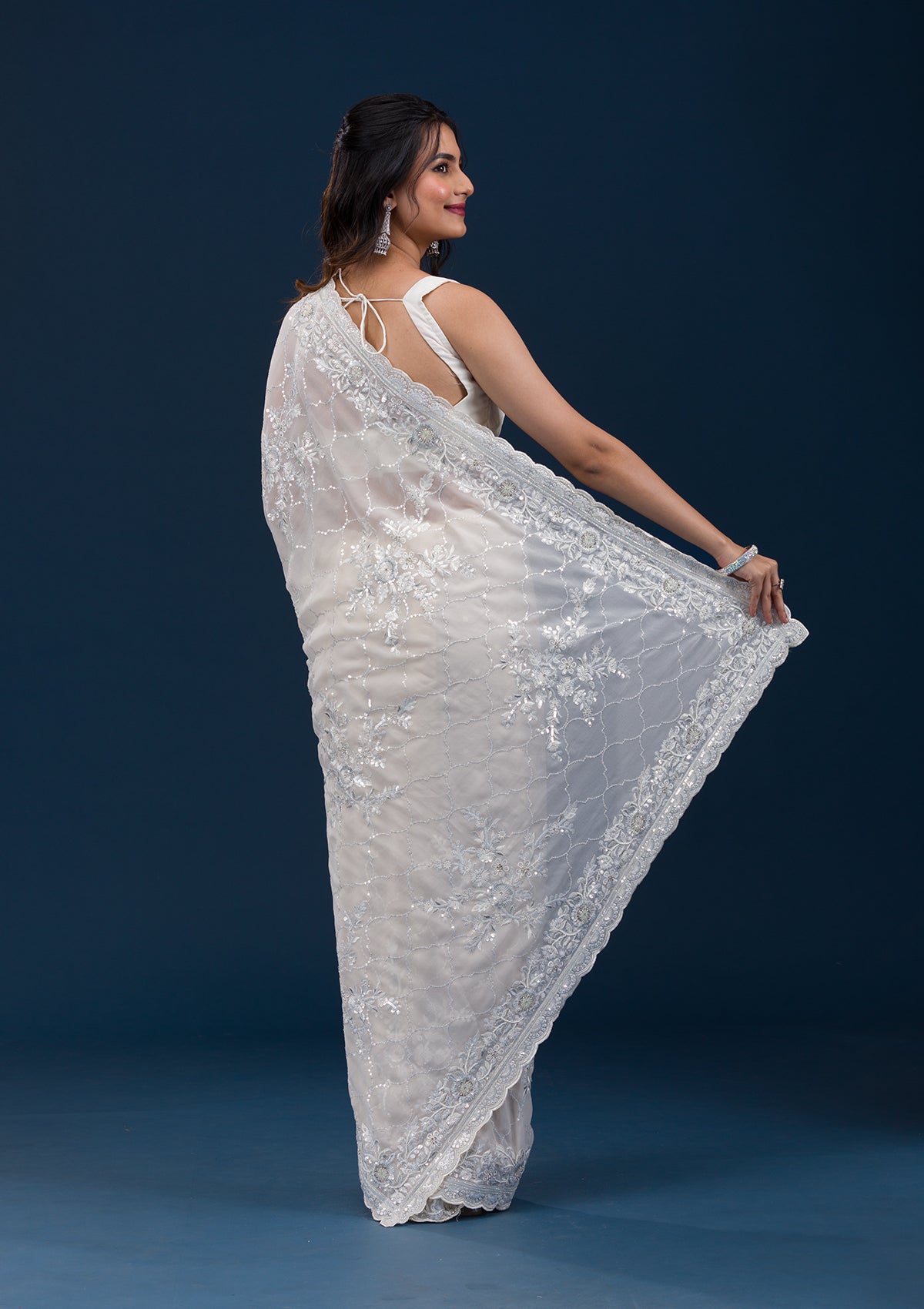 Cream Threadwork Chiffon Saree