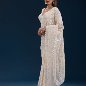 Cream Threadwork Georgette Saree
