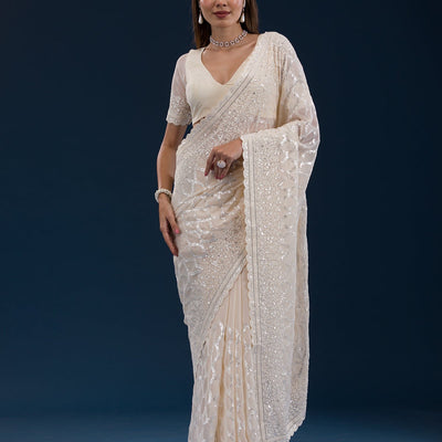 Cream Threadwork Georgette Saree