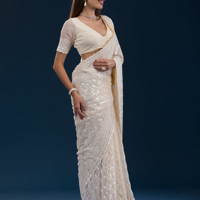 Cream Threadwork Georgette Saree