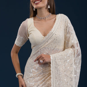 Cream Threadwork Georgette Saree