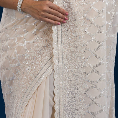 Cream Threadwork Georgette Saree