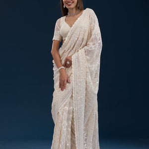 Cream Threadwork Georgette Saree