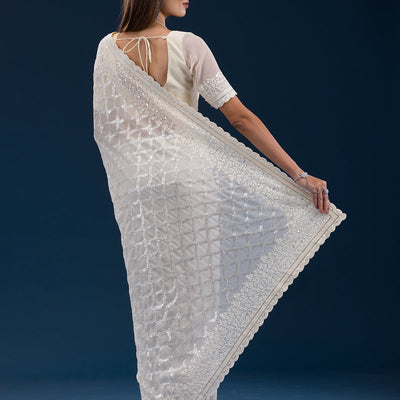 Cream Threadwork Georgette Saree
