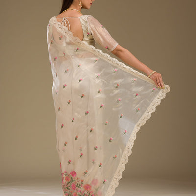 Cream Threadwork Tissue Saree