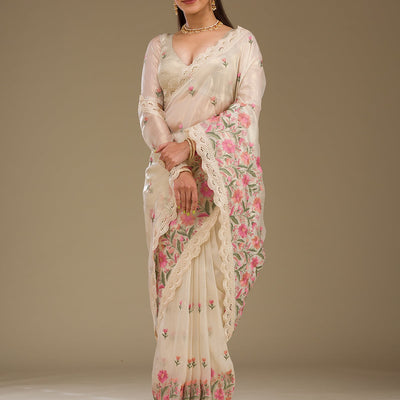 Cream Threadwork Tissue Saree