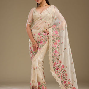 Cream Threadwork Tissue Saree