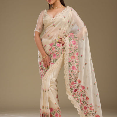 Cream Threadwork Tissue Saree