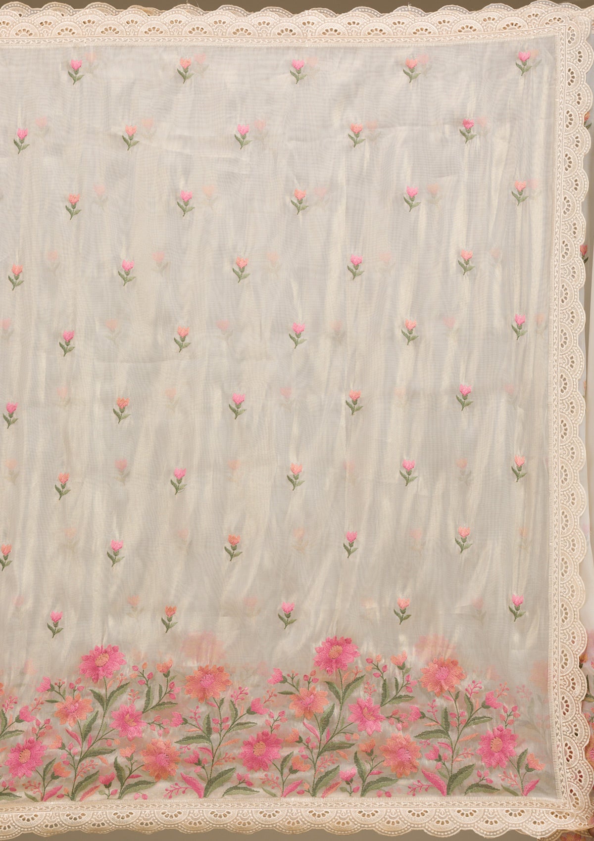 Cream Threadwork Tissue Saree
