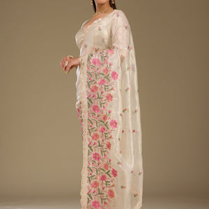 Cream Threadwork Tissue Saree