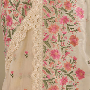 Cream Threadwork Tissue Saree