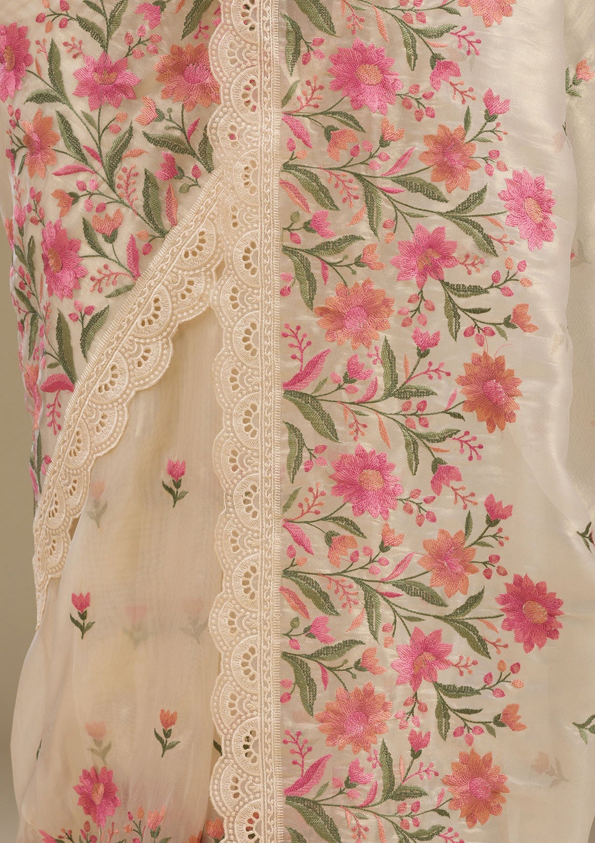 Cream Threadwork Tissue Saree